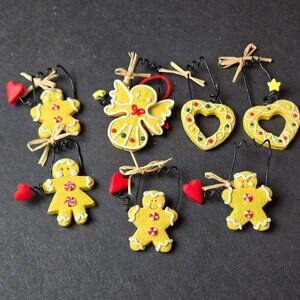 Mini 1" Yellow Gingerbread Ornaments Set 7 Resin Heart Angel Peppermint Folk Art